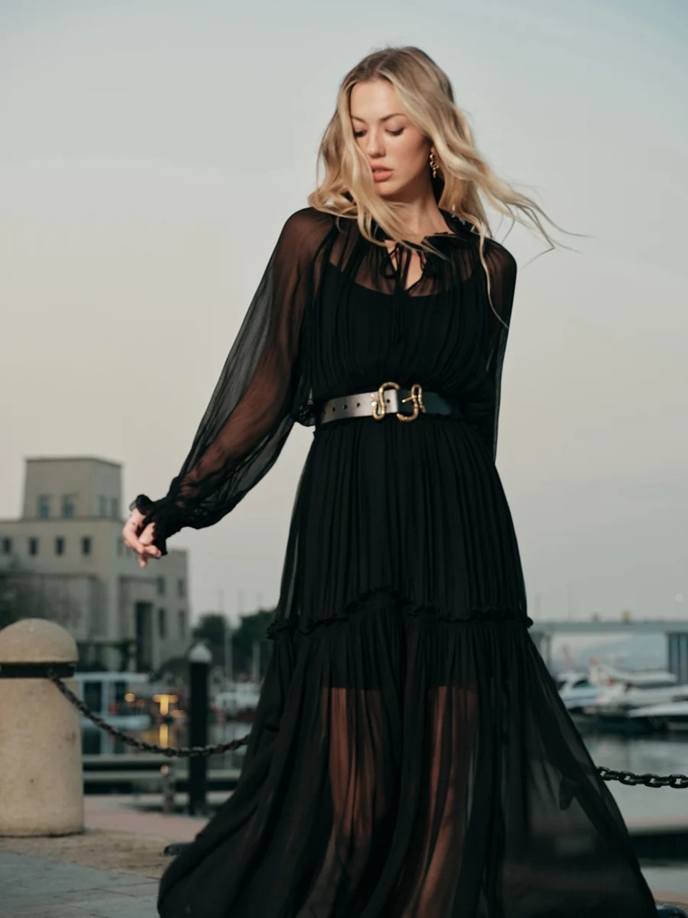 Commense Ruffled Chiffon Semi-Sheer Dress without belt - Picture 3 of 15